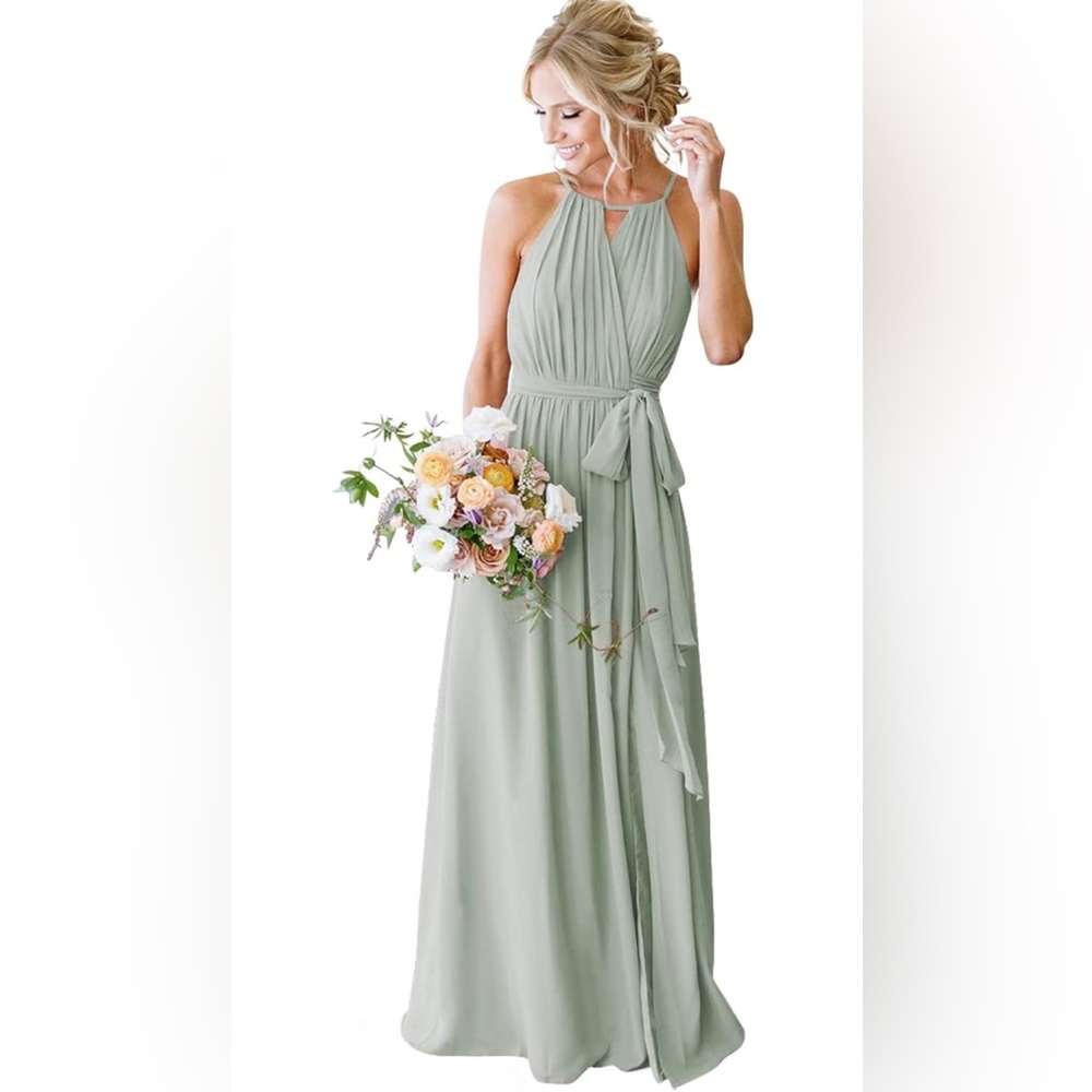 Elegant Sage Green Halter Maxi Dress Size Small